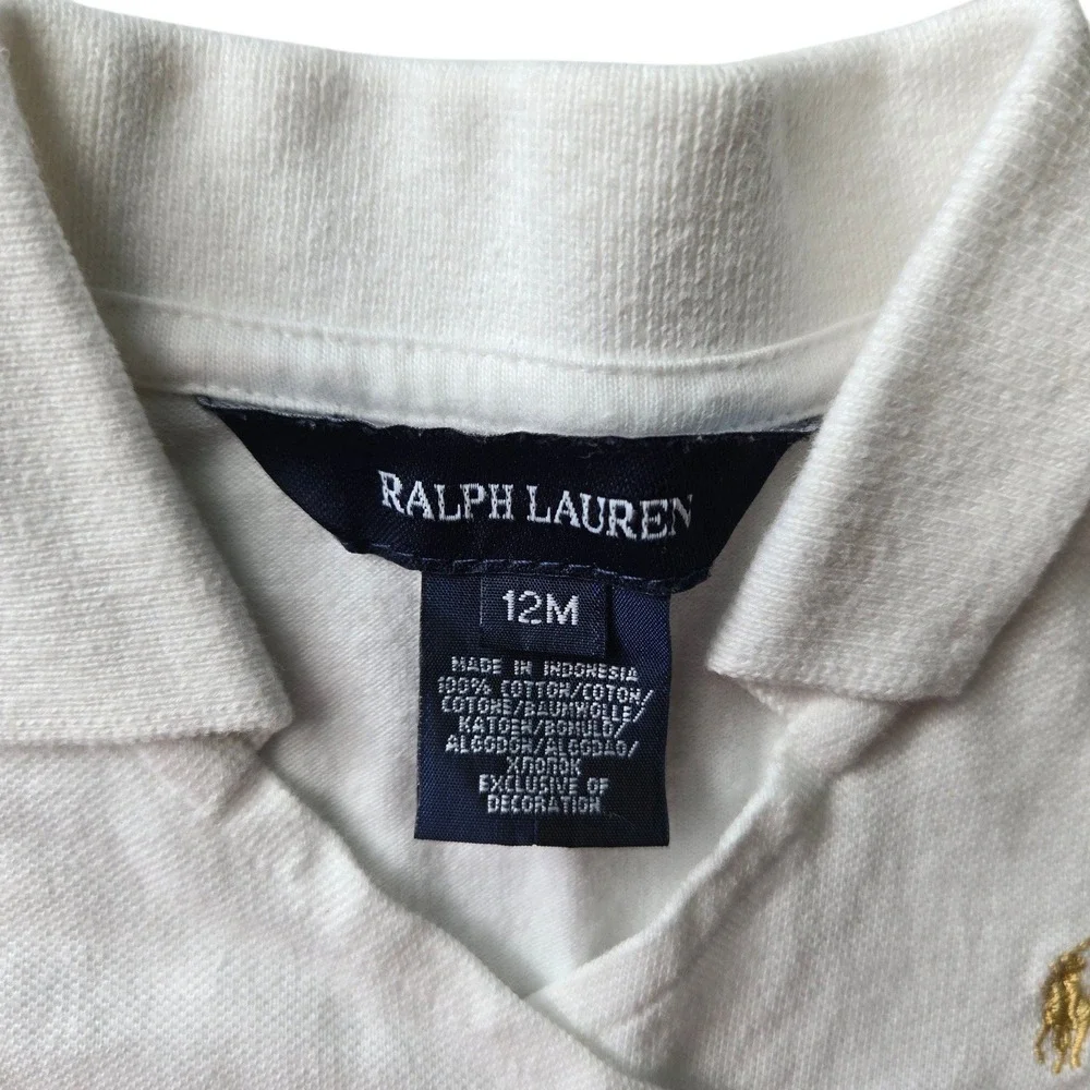 Ralph Lauren Baby Girls White Cotton Pique Wrap Polo Dress Gold Pony Logo 12M